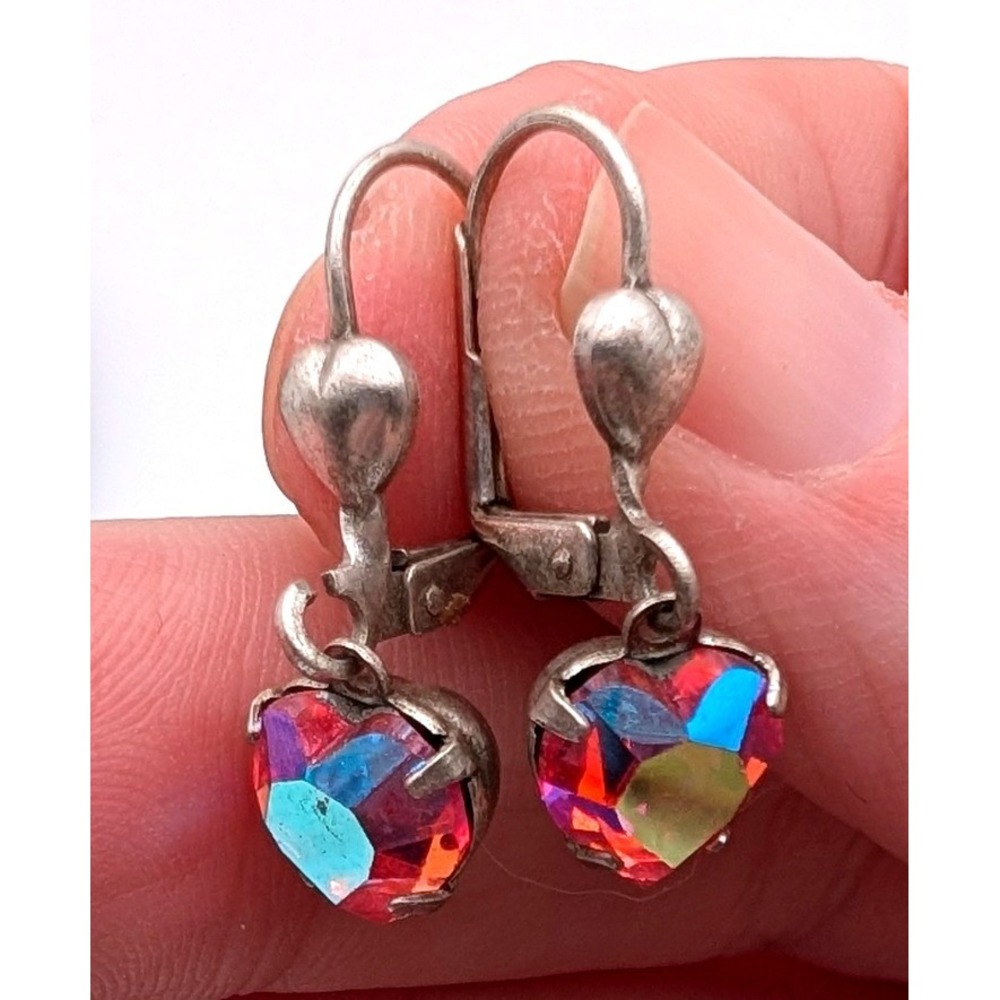 Vintage Heart Aurora Borealis Crystal Leverback Earrings Iridescent Silver Tone - Picture 2 of 4